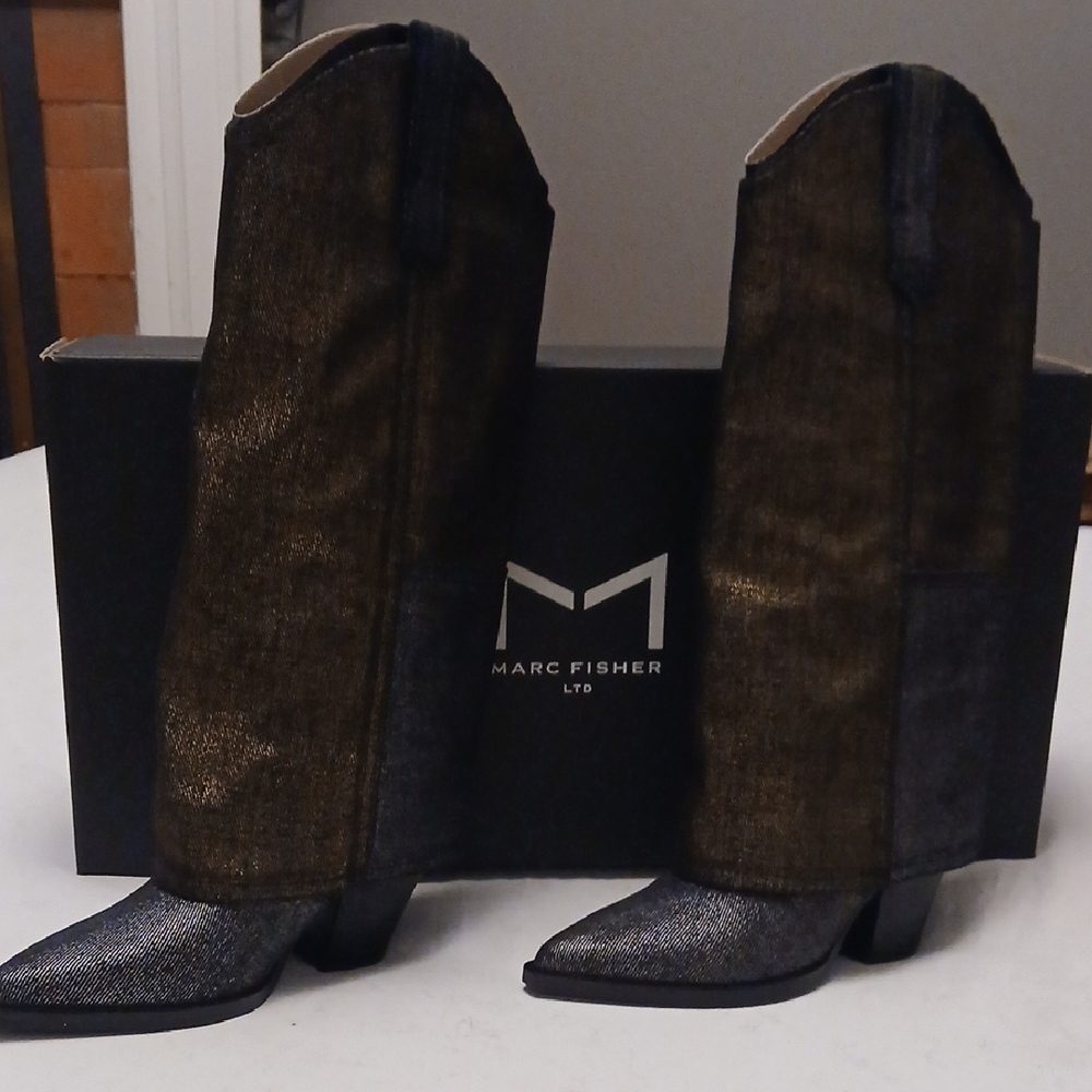 NIB $329 Marc Fisher LTD Black Metallic COWBOY Boots 8